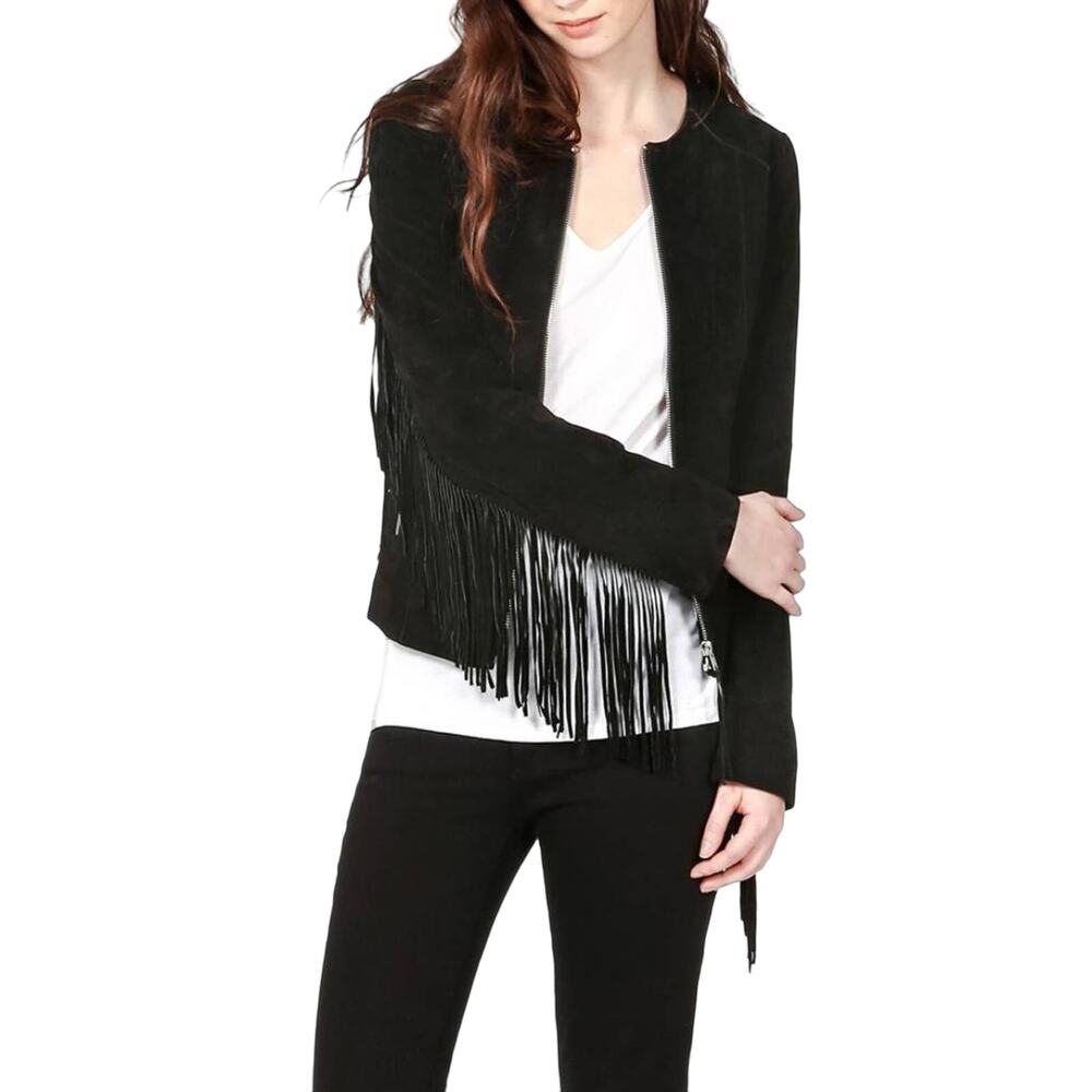 New SOIA & KYO Black GILDA Suede Fringe Moto Jacket XS Extra Small $425